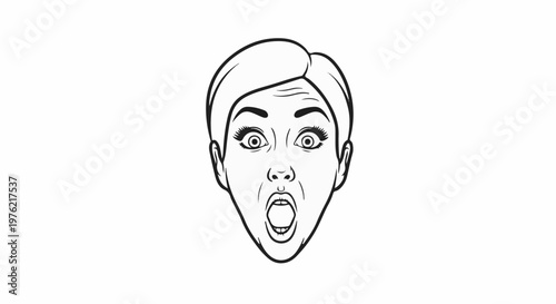 Black and white line drawing of a woman's face with a shocked expression