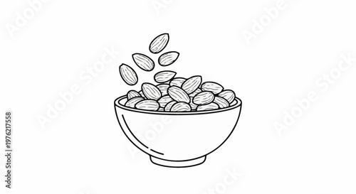 Black and white line drawing of almonds pouring into a bowl