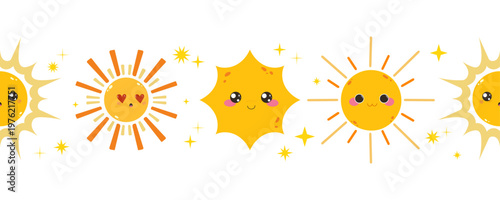 Seamless horizontal border with cheerful sun characters, different expressions and stylized rays, combined with small decorative stars, perfect for summer design, kids products, packaging