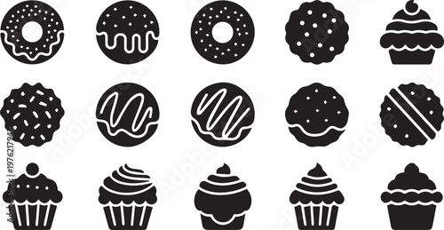 Sweet bakery dessert silhouettes set featuring delicious cupcakes donuts and cookies for cafe menu design