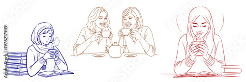 Vector set of girls drinking tea: a Muslim woman drinking tea, two friends holding cups, a student studying with books and a cup of tea in her hand.