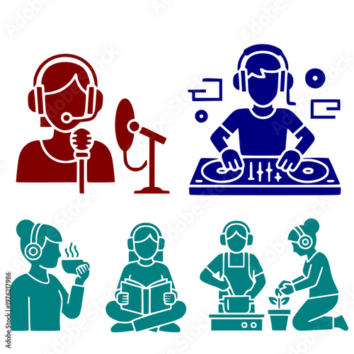 Colorful icons Vector set of a person with headphones: a teenager in headphones with a DJ controller, a blogger recording a blog with headphones and microphones, a woman in headphones doing housework.