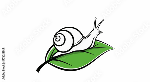 Cartoon snail with shell moving slowly on a green leaf