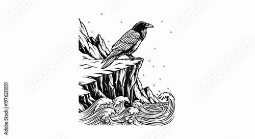 Bird on a cliff edge overlooking stormy seas and rocky mountains
