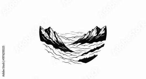 Black and white mountain valley scene with rolling hills and trees