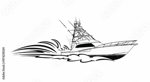 Detailed line art of a fishing vessel cutting through waves
