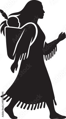 Native American woman silhouette carrying a baby in a traditional papoose carrier walking forward with fringe dress and feather detail isolated on a white background for cultural heritage and motherho