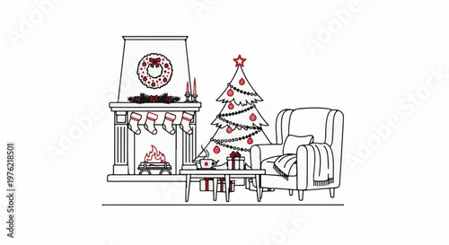 Cozy Christmas scene with a lit fireplace, decorated tree, and armchair