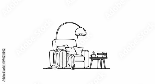 Cozy armchair with reading lamp, blanket, books, and a steaming cup of coffee