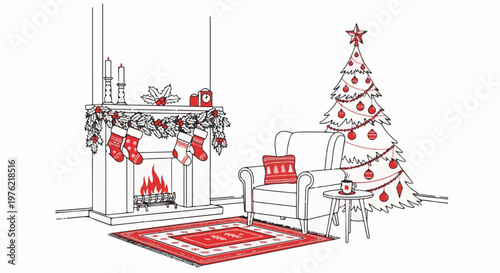 Cozy Christmas scene with fireplace, tree, and armchair