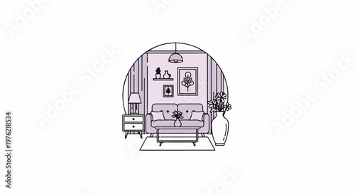 Cozy living room interior with sofa, coffee table, and vase of flowers