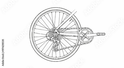 Detailed line art sketch of a bicycle rear wheel, chain, and crankset