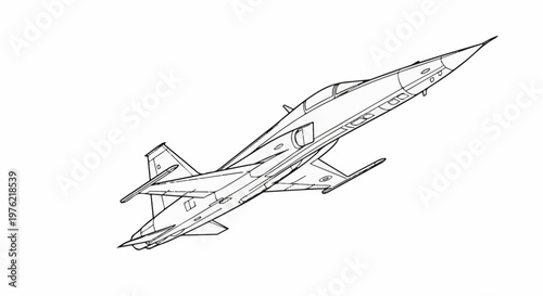 Detailed line art sketch of a modern fighter jet, viewed from a high angle