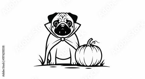 Black and white cartoon illustration of a pug dressed as a vampire with a pumpkin
