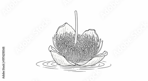 Detailed line drawing of a blooming flower with many stamens floating on water
