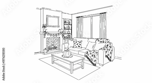 Cozy living room sketch with fireplace, sofa, coffee table, and seasonal decor