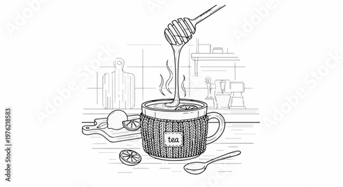 Cozy mug with steaming tea, honey, lemon, and spoon, kitchen scene