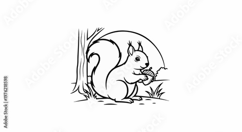 Cartoon squirrel holding an acorn next to a tree on a grassy hill