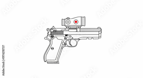 Detailed line drawing of a handgun with a mounted sight (1)
