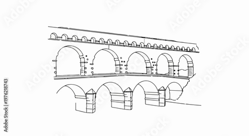 Black and white drawing of a grand ancient multi-tiered arched aqueduct