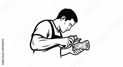 Craftsman shaping wood with a tool, detailed illustration