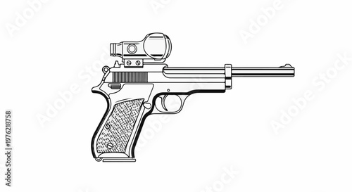 Detailed line drawing of a handgun with a mounted sight