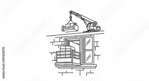 Crane lifts sofa, furniture stacked near open window on brick wall
