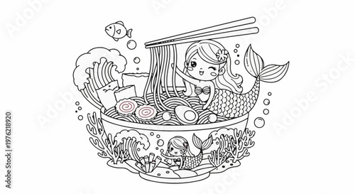 Cute mermaids and fish in a ramen bowl with chopsticks and waves
