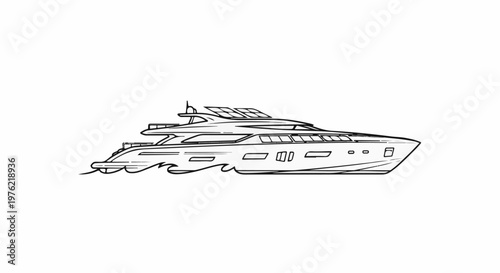 Detailed line drawing of a sleek motor yacht sailing on wavy water