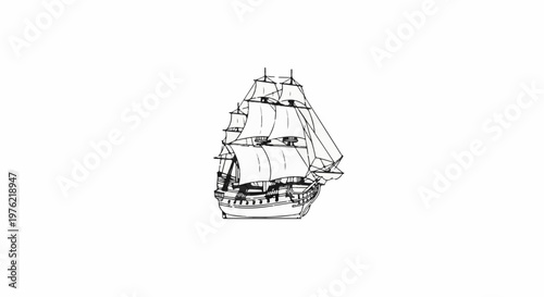 Detailed line drawing of a sailing ship with multiple masts and sails