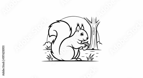 Cute cartoon squirrel holding acorn in front of a tree