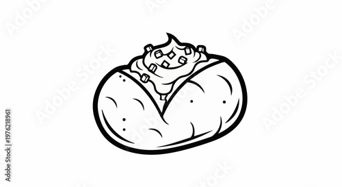 Black and white illustration of a baked potato with toppings