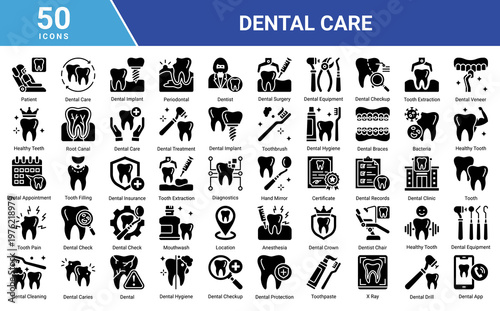 Dental Care icon set featuring patient,dentist,dental tools,oral hygiene,treatment procedures and clinic elements suitable for healthcare,medical and dental service design projects