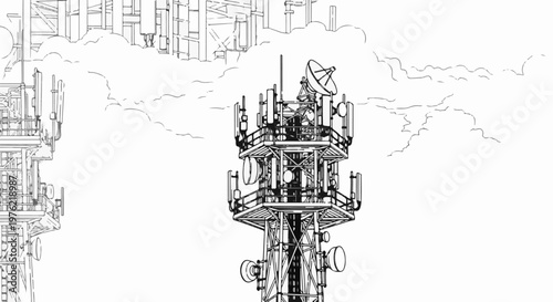 Detailed line drawing of a telecommunications tower with antennas and dishes