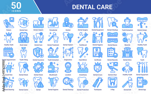 Dental Care icon set featuring patient,dentist,dental tools,oral hygiene,treatment procedures and clinic elements suitable for healthcare,medical and dental service design projects
