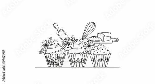 Decorative line art of cupcakes, bread, and baking utensils