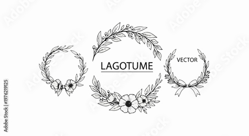 Decorative floral wreaths with text and ribbons on a white background