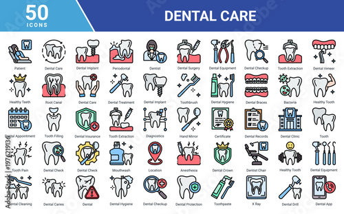 Dental Care icon set featuring patient,dentist,dental tools,oral hygiene,treatment procedures and clinic elements suitable for healthcare,medical and dental service design projects
