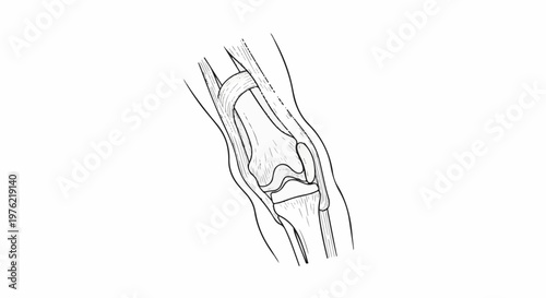 Detailed line drawing of the human knee joint, showing bones, cartilage, and ligaments
