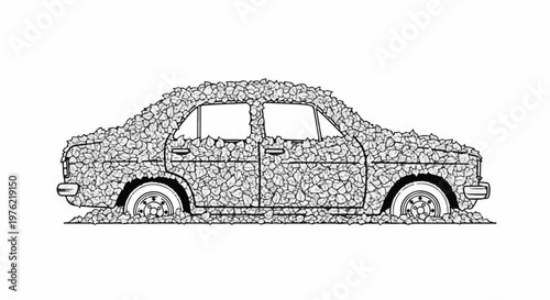 Black and white illustration of a car covered in stones, with wheels visible