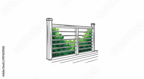 Decorative outdoor screen with green foliage visible through horizontal slats