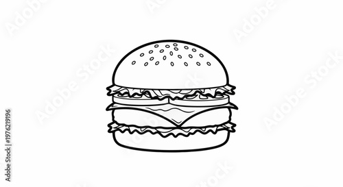 Black and white illustration of a double cheeseburger with lettuce and tomato