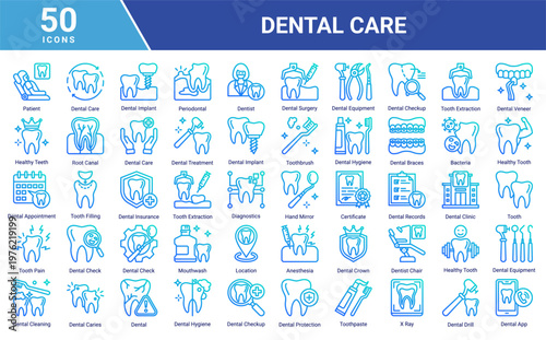 Dental Care icon set featuring patient,dentist,dental tools,oral hygiene,treatment procedures and clinic elements suitable for healthcare,medical and dental service design projects