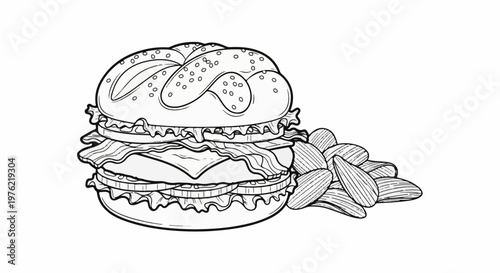 Black and white illustration of a layered burger with bacon, cheese, and lettuce next to potato chips