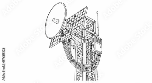 Detailed sketch of a communication tower with a parabolic dish, solar panels, and wiring