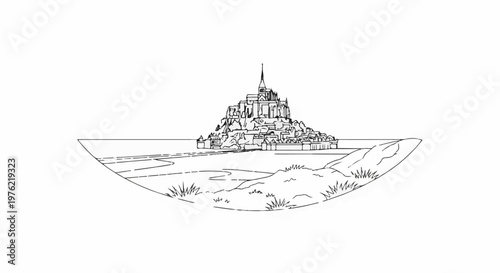 Detailed sketch of a fortified island town on a rock overlooking the sea