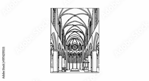 Detailed sketch of a grand cathedral interior, with soaring ribbed vaults
