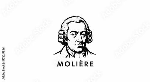 Black and white illustration of a man in historical attire with curly hair