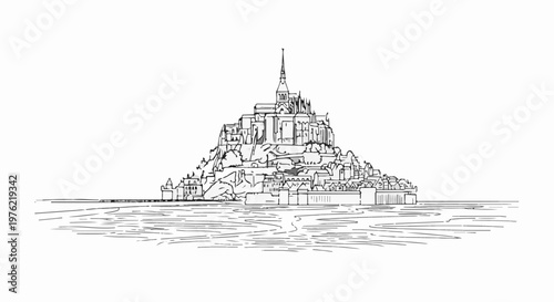 Detailed sketch of a fortified medieval abbey perched on a rocky island amidst water