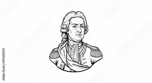Black and white illustration of a man in historical attire with wig